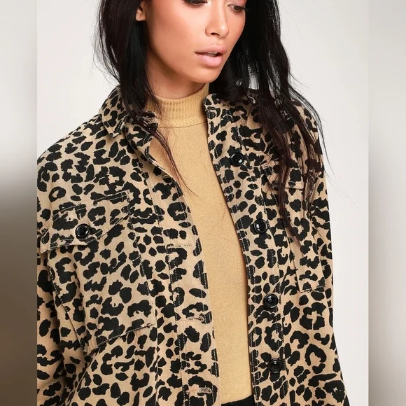 Lulus Fashionably Fierce Beige Leopard Print Denim Jean Jacket Size Small - Picture 6 of 10